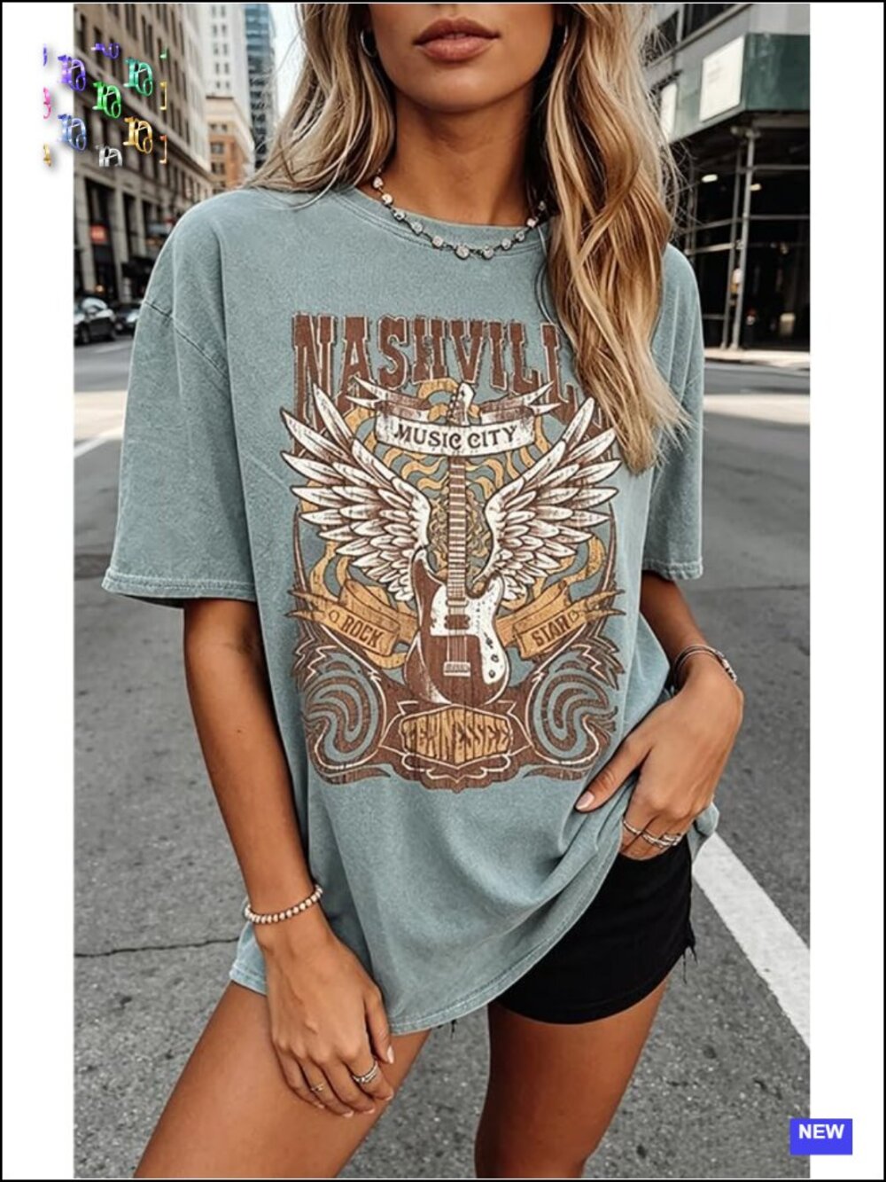 Oversized Nashville Music City Vintage Guitar Wings Graphic Tee - Picture 2 of 5